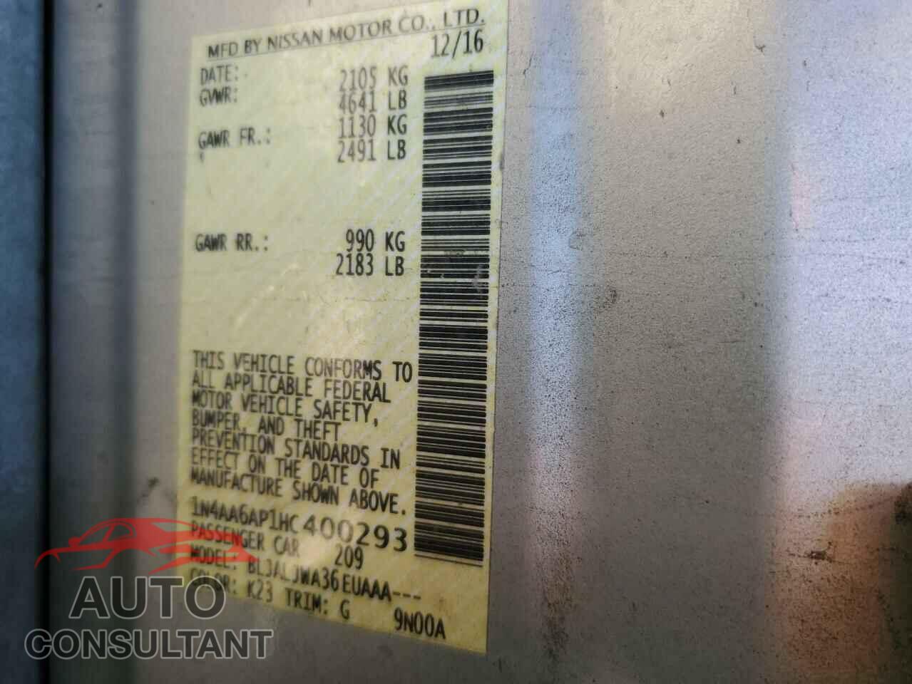 NISSAN MAXIMA 2017 - 1N4AA6AP1HC400293