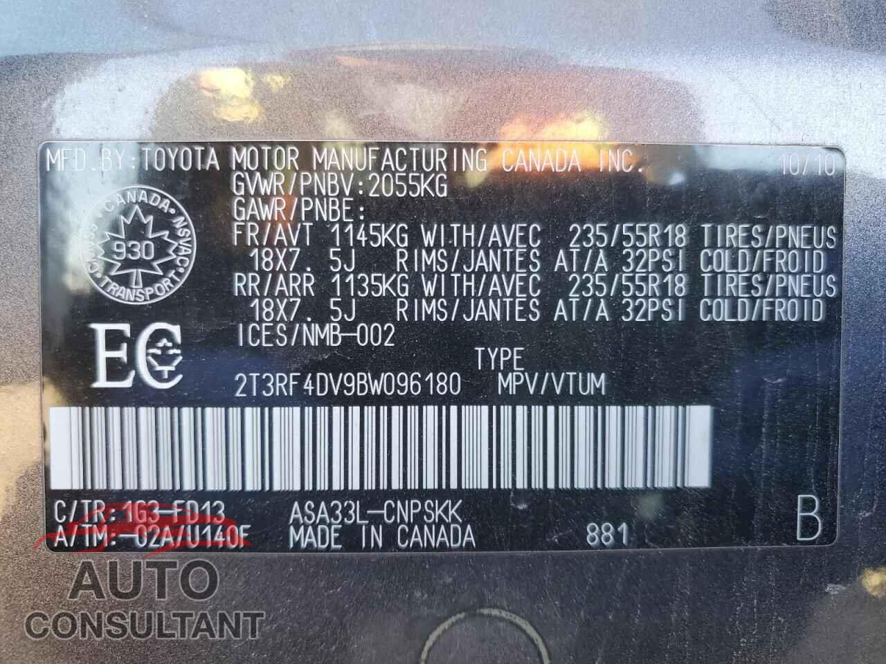 TOYOTA RAV4 2011 - 2T3RF4DV9BW096180