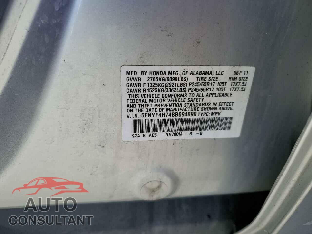HONDA PILOT 2011 - 5FNYF4H74BB094690