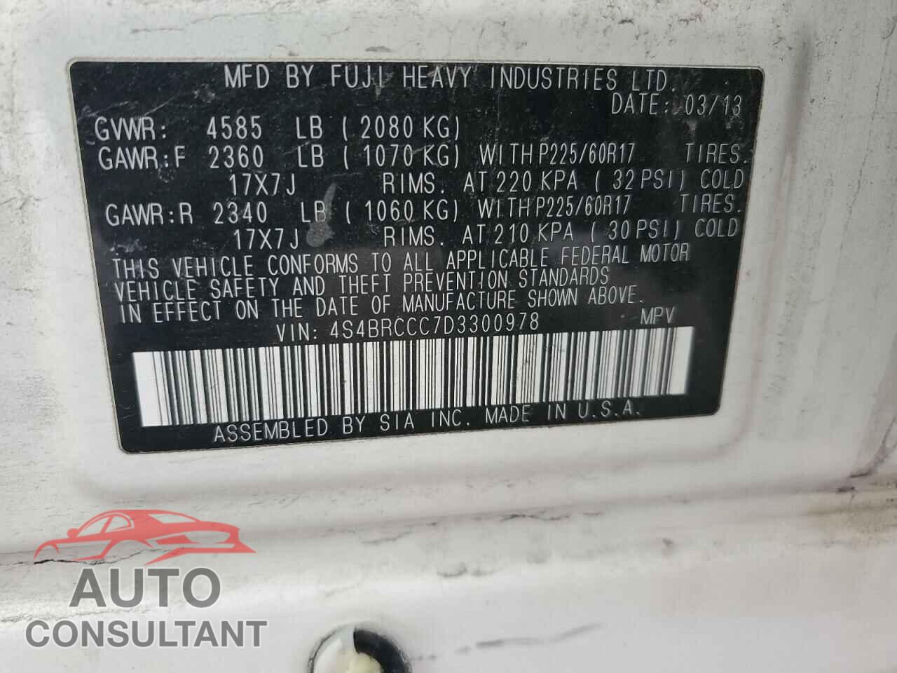 SUBARU OUTBACK 2013 - 4S4BRCCC7D3300978