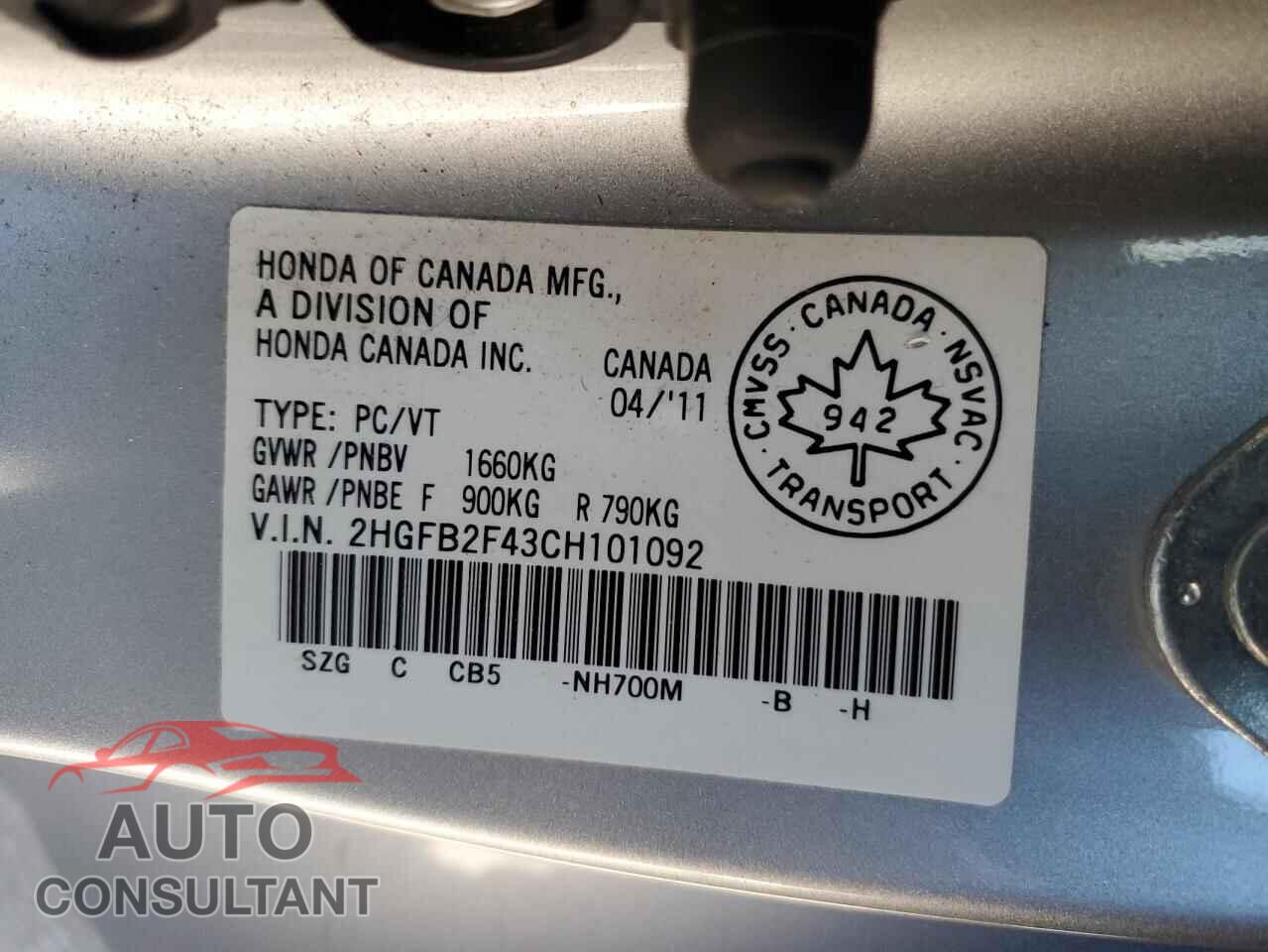 HONDA CIVIC 2012 - 2HGFB2F43CH101092