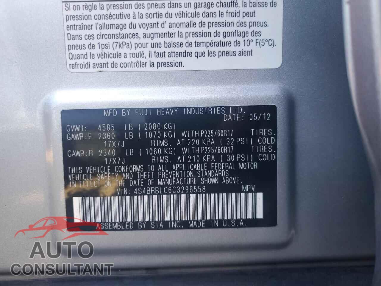SUBARU OUTBACK 2012 - 4S4BRBLC6C3296558