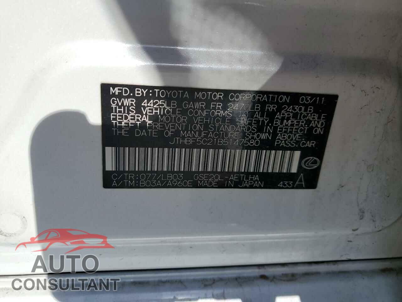 LEXUS IS 2011 - JTHBF5C21B5147580