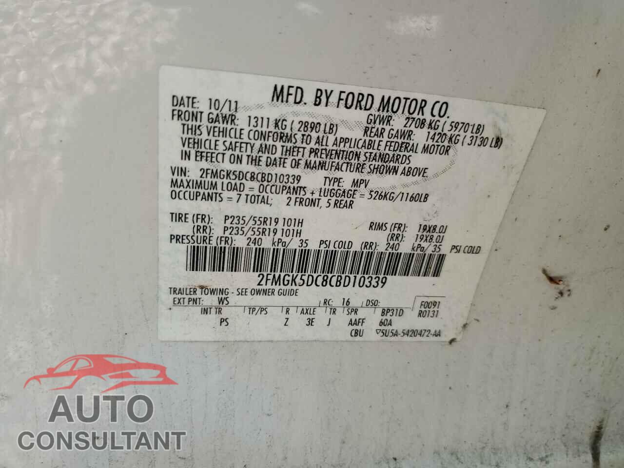 FORD FLEX 2012 - 2FMGK5DC8CBD10339