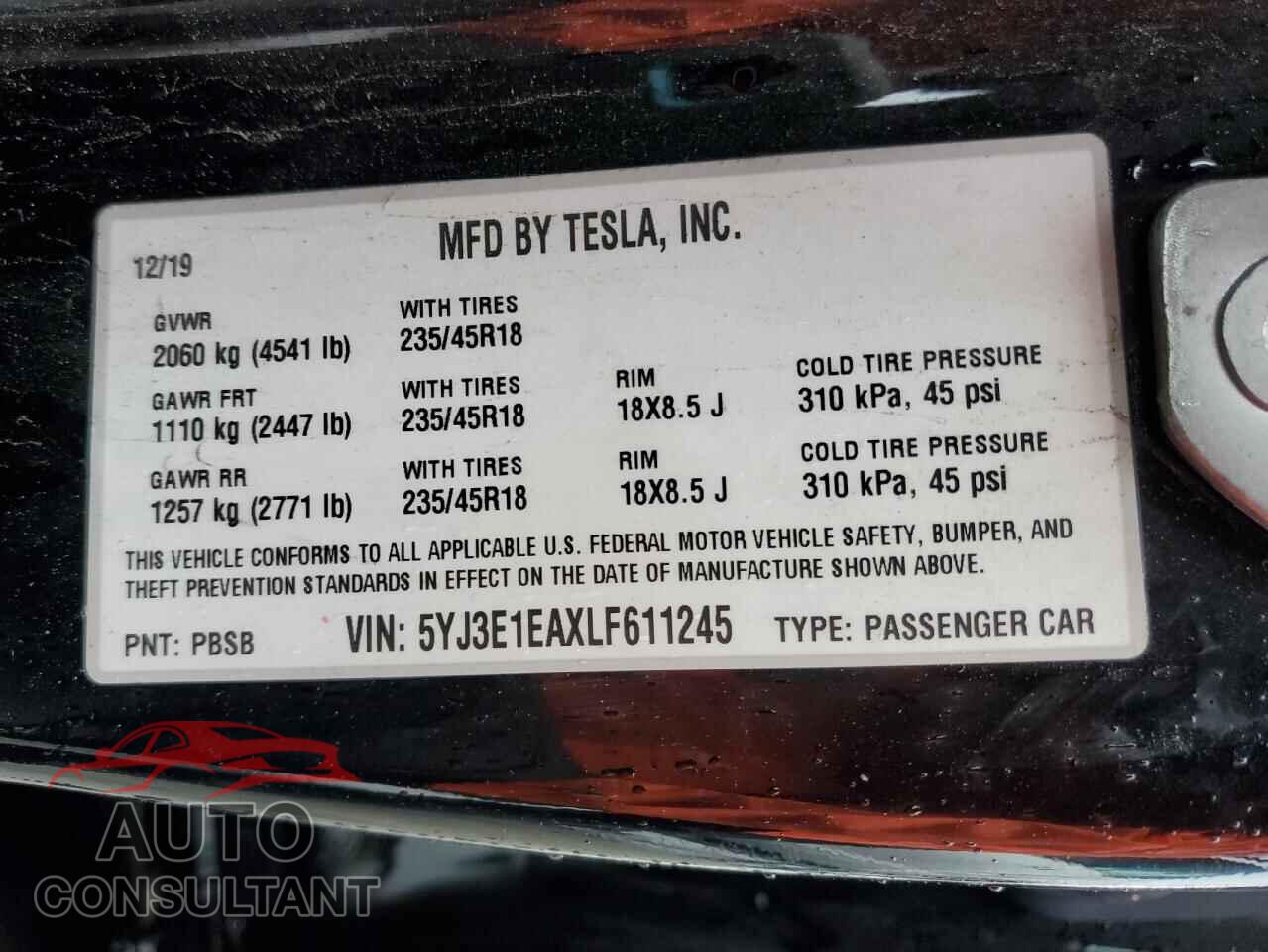 TESLA MODEL 3 2020 - 5YJ3E1EAXLF611245