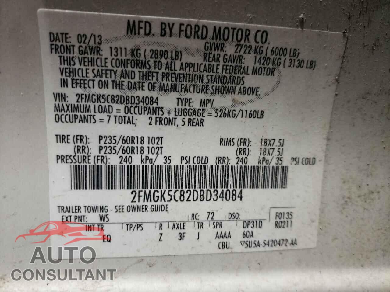 FORD FLEX 2013 - 2FMGK5C82DBD34084