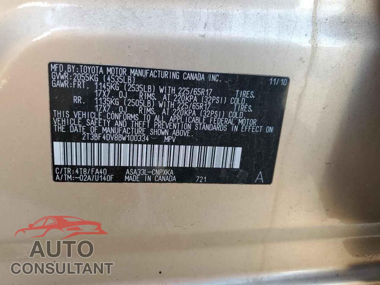 TOYOTA RAV4 2011 - 2T3BF4DV8BW100334
