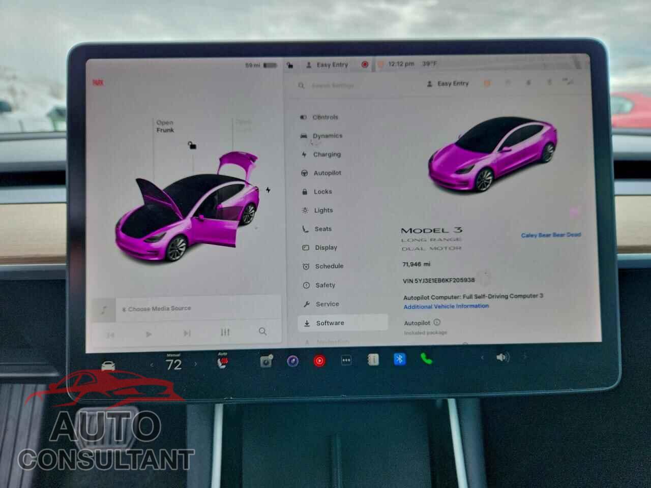 TESLA MODEL 3 2019 - 5YJ3E1EB6KF205938