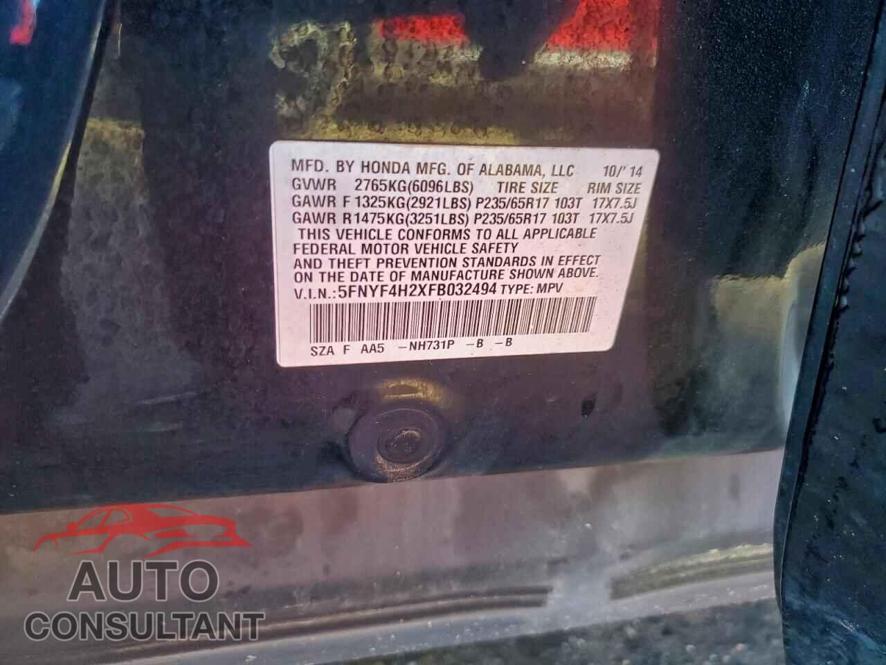HONDA PILOT 2015 - 5FNYF4H2XFB032494