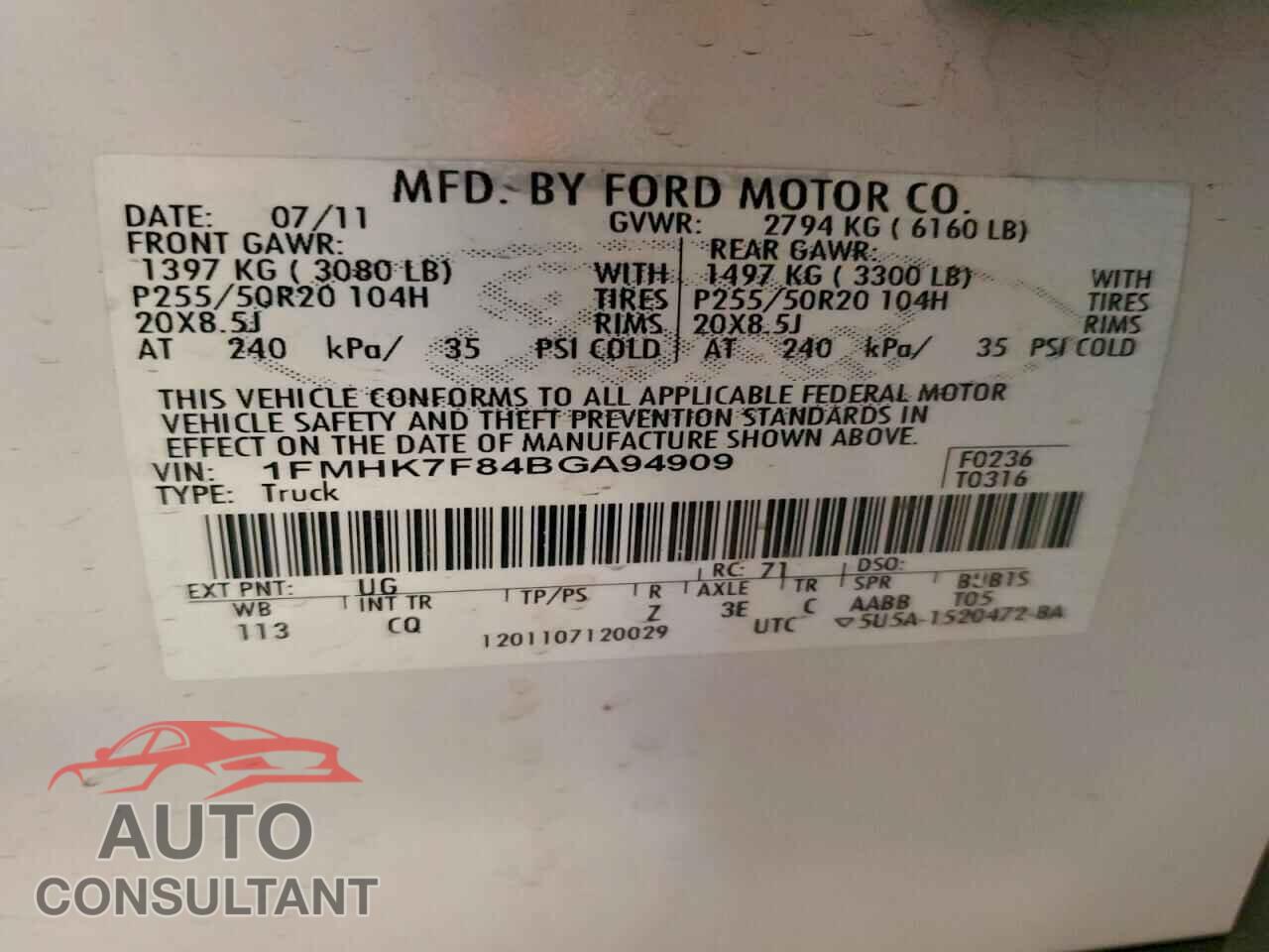 FORD EXPLORER 2011 - 1FMHK7F84BGA94909