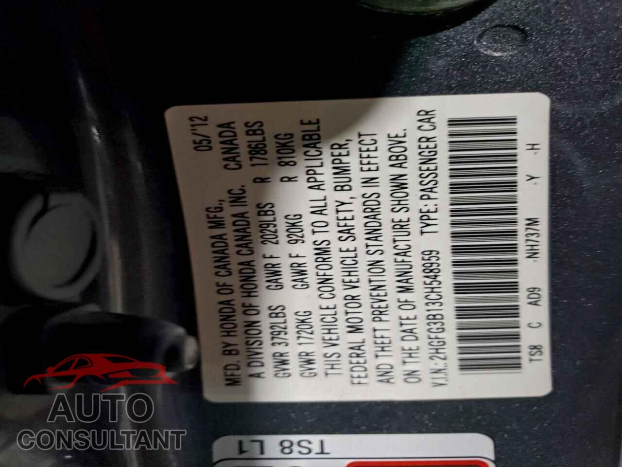 HONDA CIVIC 2012 - 2HGFG3B13CH548959