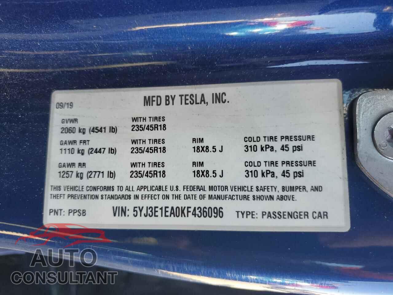 TESLA MODEL 3 2019 - 5YJ3E1EA0KF436096