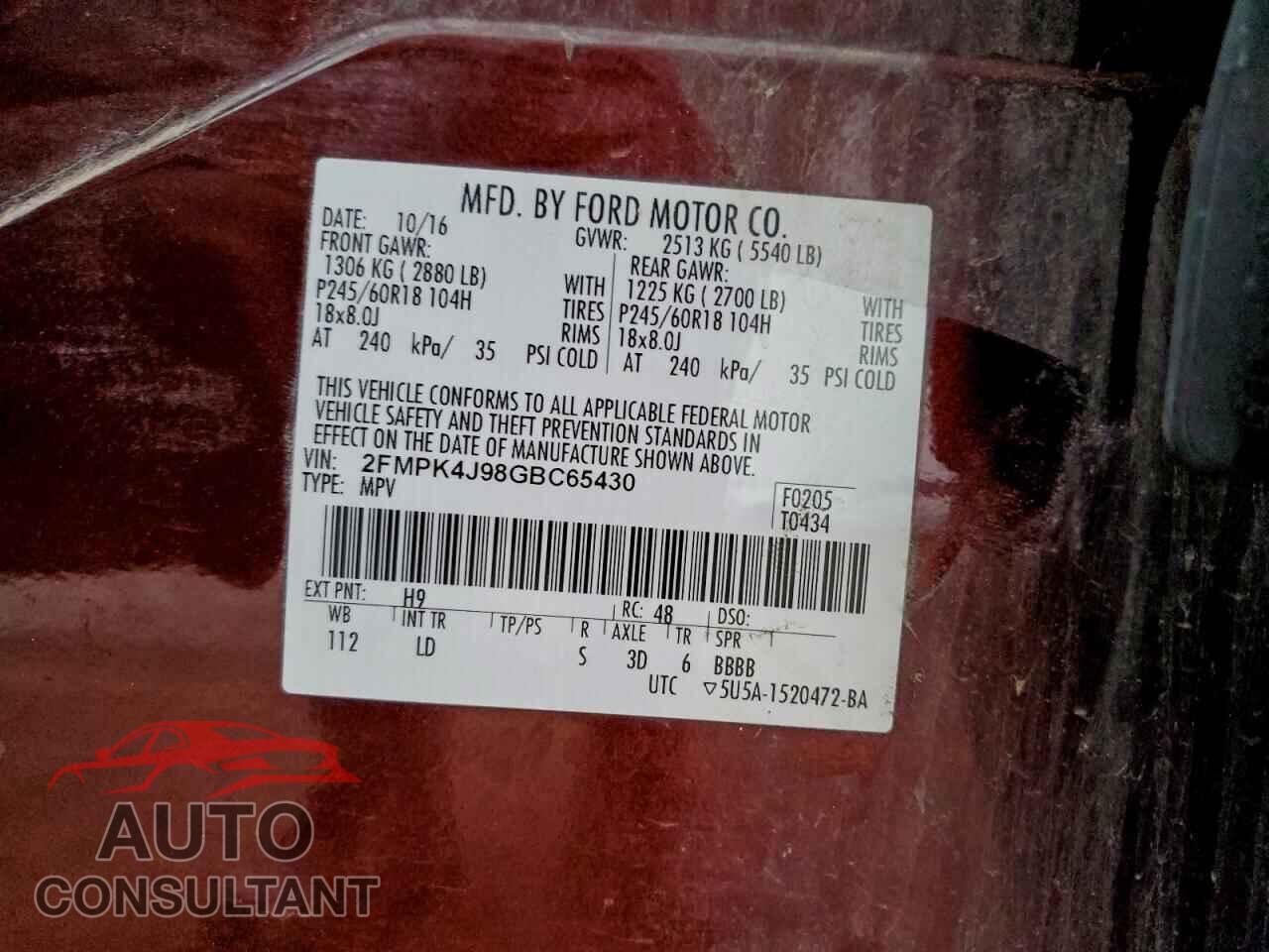 FORD EDGE 2016 - 2FMPK4J98GBC65430