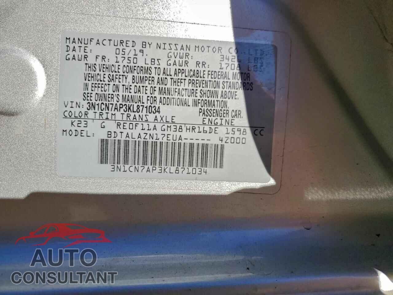 NISSAN VERSA 2019 - 3N1CN7AP3KL871034