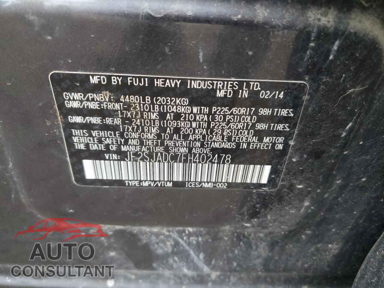 SUBARU FORESTER 2015 - JF2SJADC7FH402478