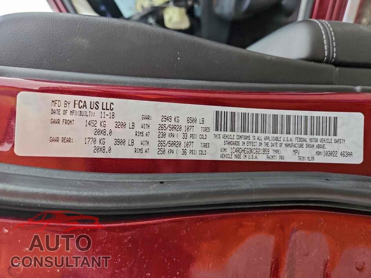 DODGE DURANGO 2019 - 1C4RDHEG3KC621959