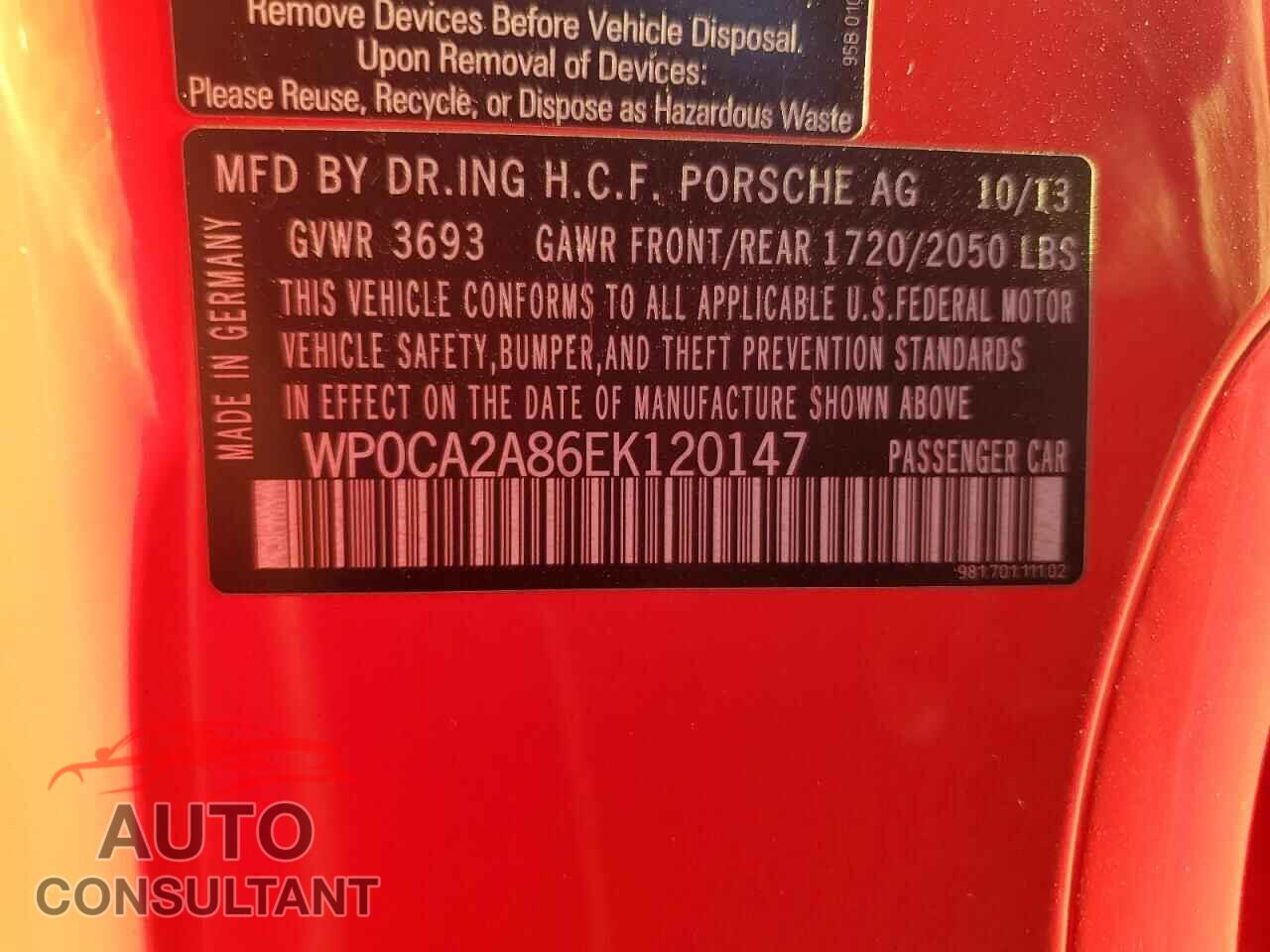 PORSCHE BOXSTER 2014 - WP0CA2A86EK120147