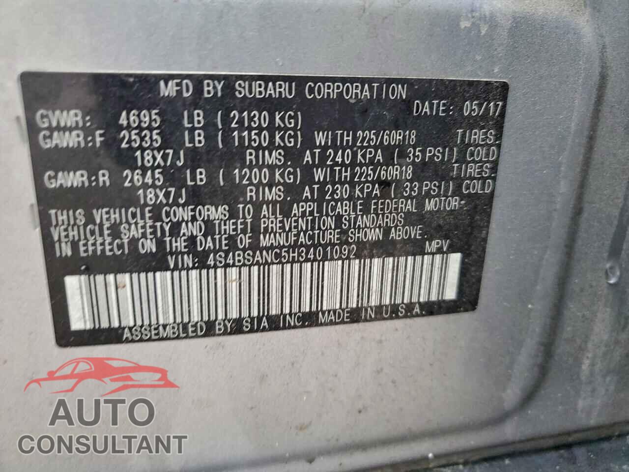 SUBARU OUTBACK 2017 - 4S4BSANC5H3401092