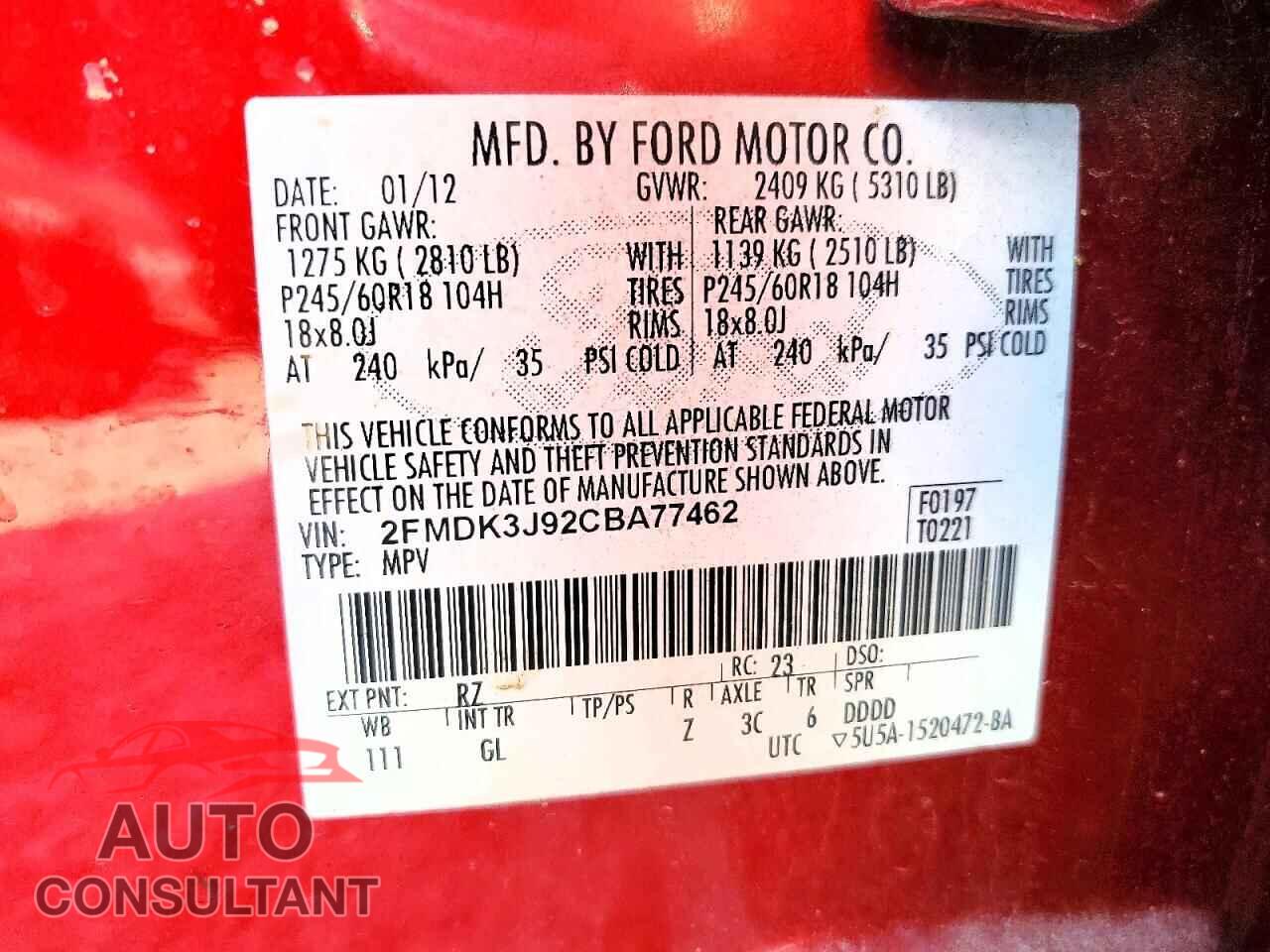FORD EDGE 2012 - 2FMDK3J92CBA77462