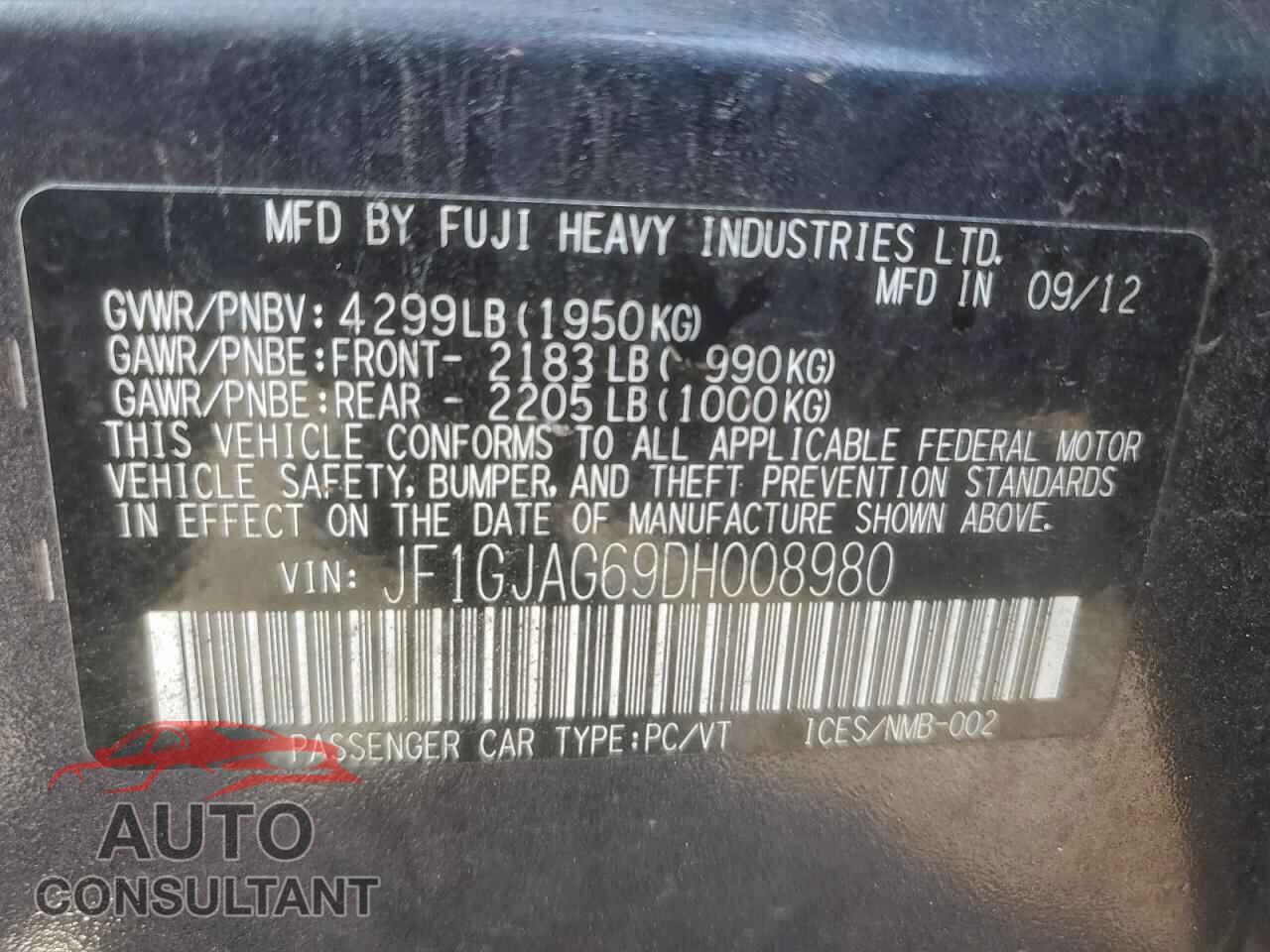 SUBARU IMPREZA 2013 - JF1GJAG69DH008980