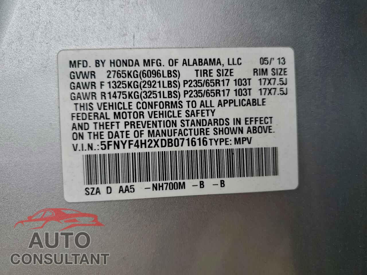 HONDA PILOT 2013 - 5FNYF4H2XDB071616