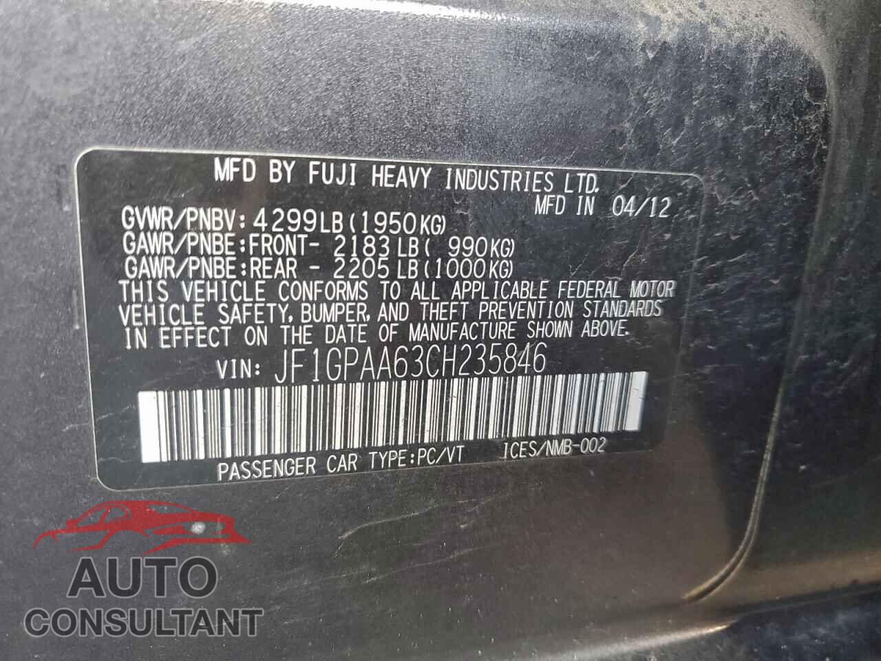 SUBARU IMPREZA 2012 - JF1GPAA63CH235846