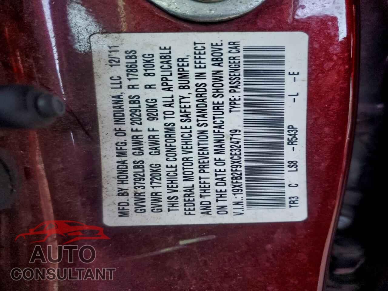 HONDA CIVIC 2012 - 19XFB2F9XCE324719