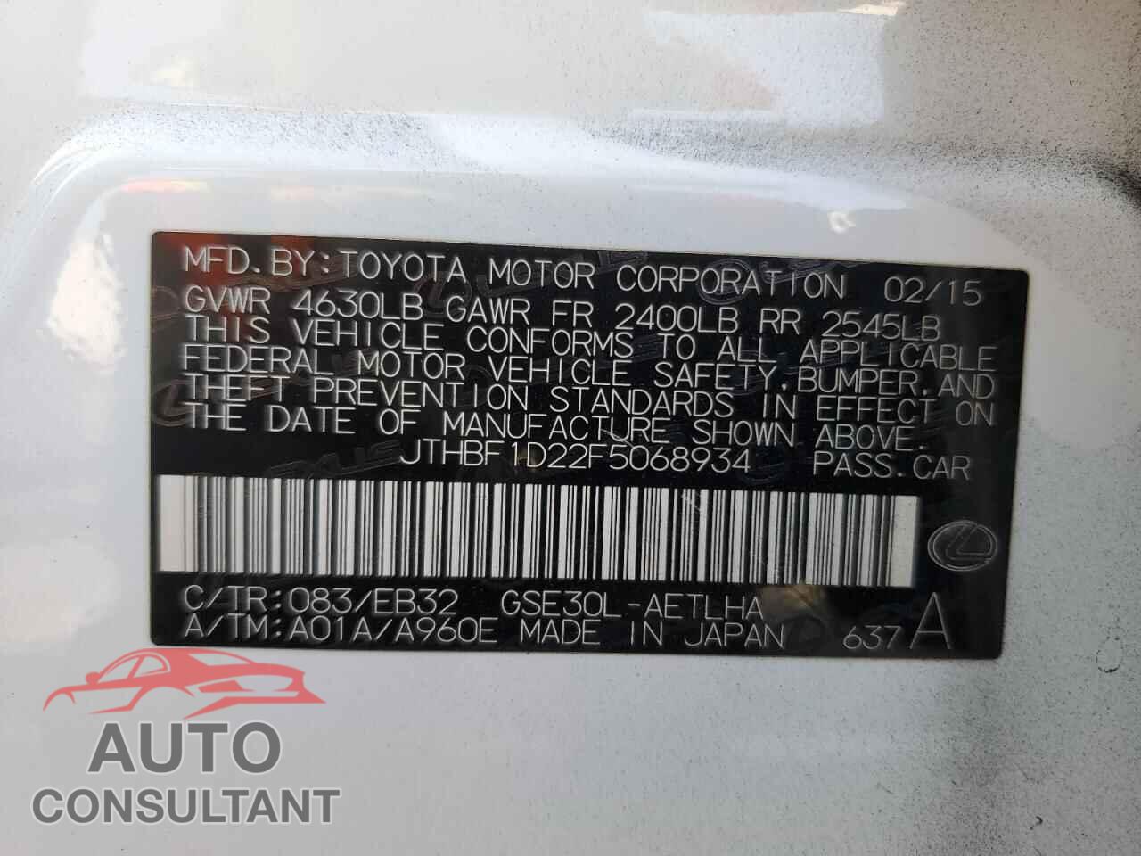 LEXUS IS 2015 - JTHBF1D22F5068934
