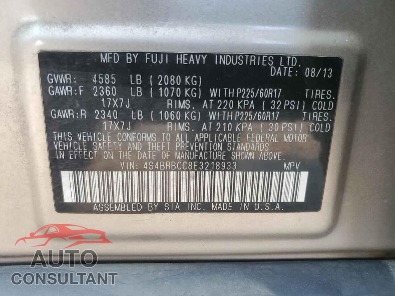 SUBARU OUTBACK 2014 - 4S4BRBCC8E3218933