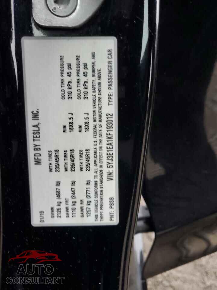 TESLA MODEL 3 2019 - 5YJ3E1EA1KF193012
