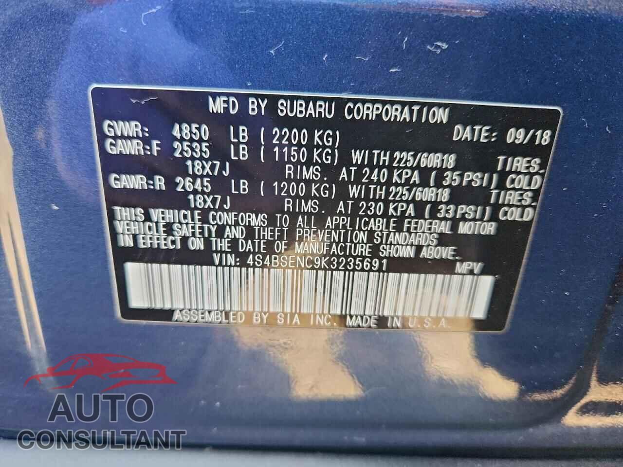 SUBARU OUTBACK 2019 - 4S4BSENC9K3235691