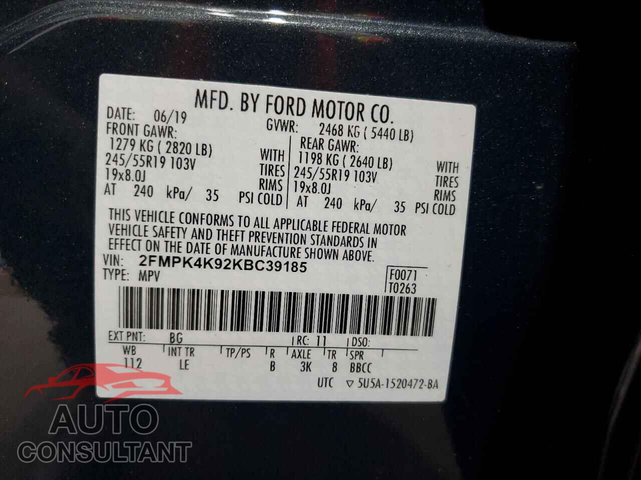 FORD EDGE 2019 - 2FMPK4K92KBC39185