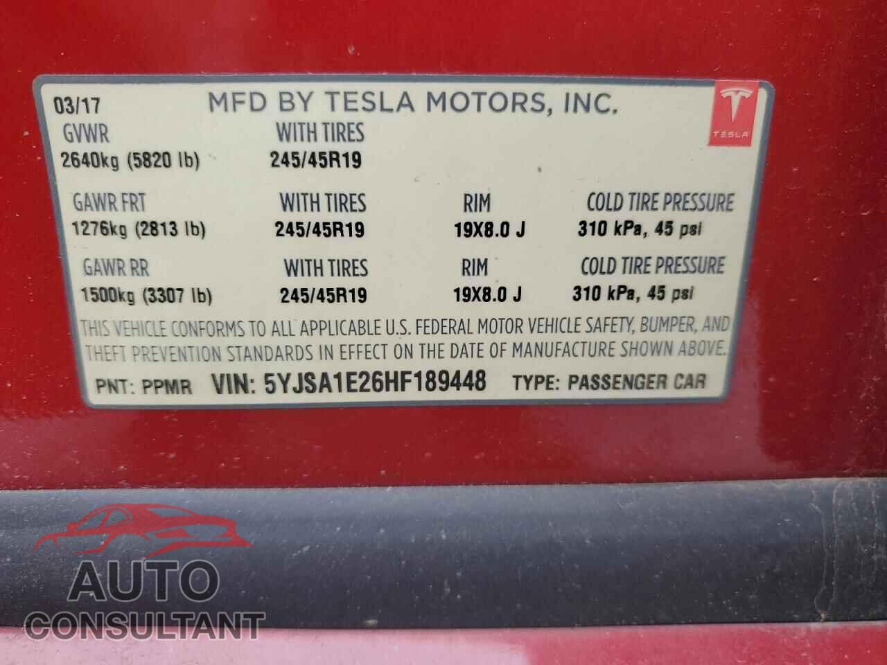 TESLA MODEL S 2017 - 5YJSA1E26HF189448