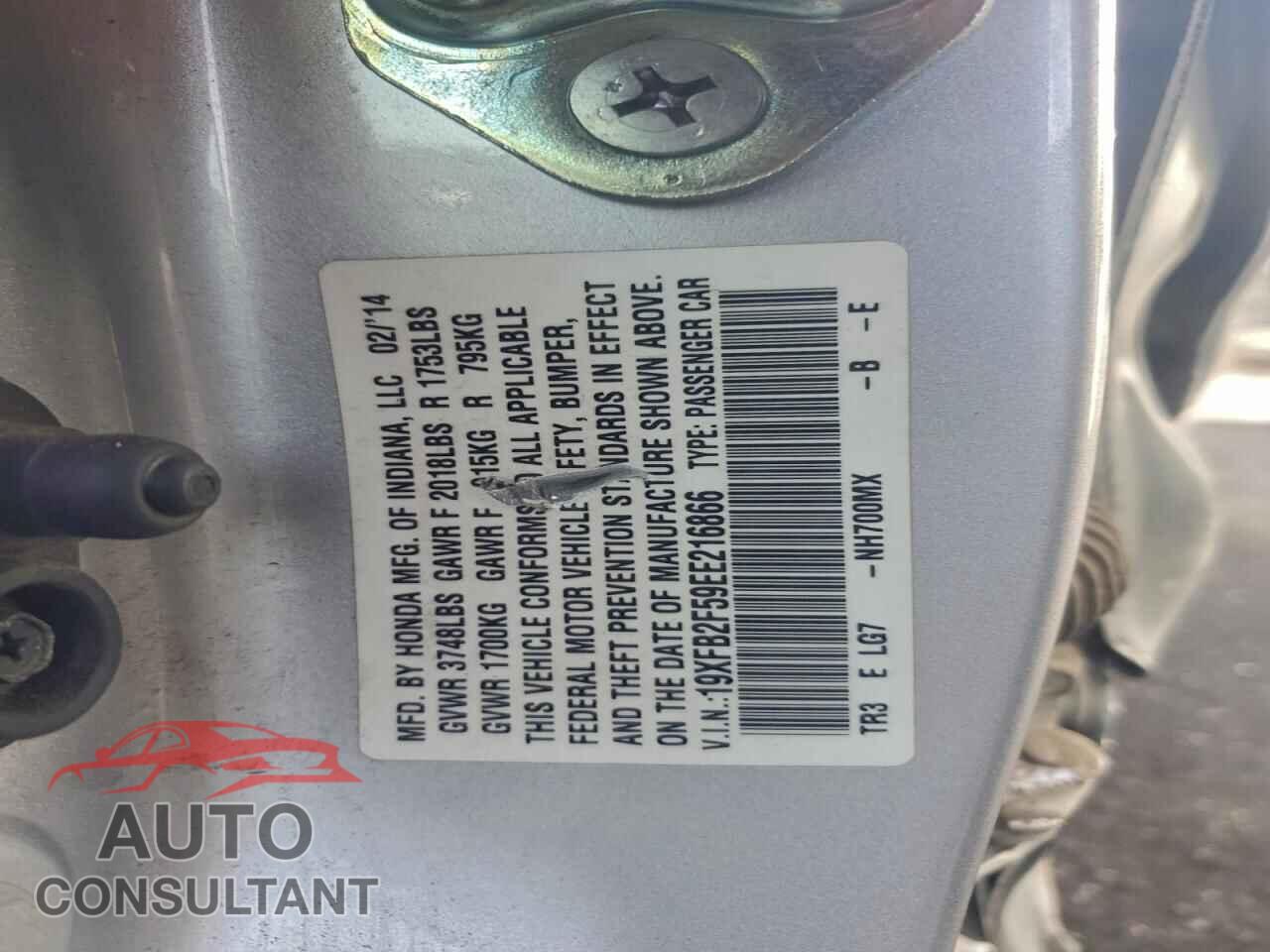 HONDA CIVIC 2014 - 19XFB2F59EE216866