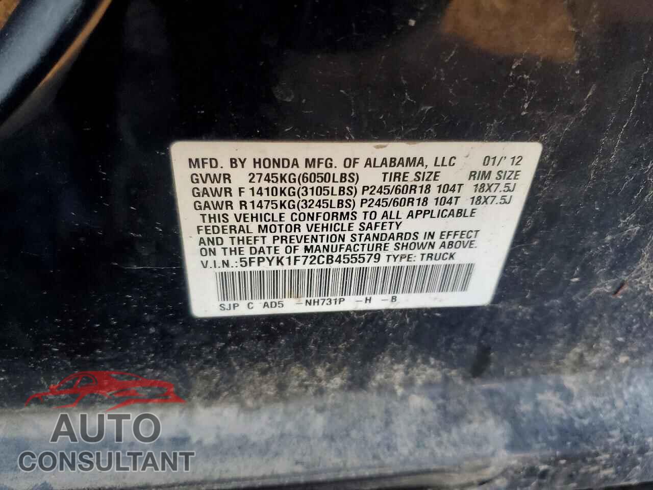 HONDA RIDGELINE 2012 - 5FPYK1F72CB455579