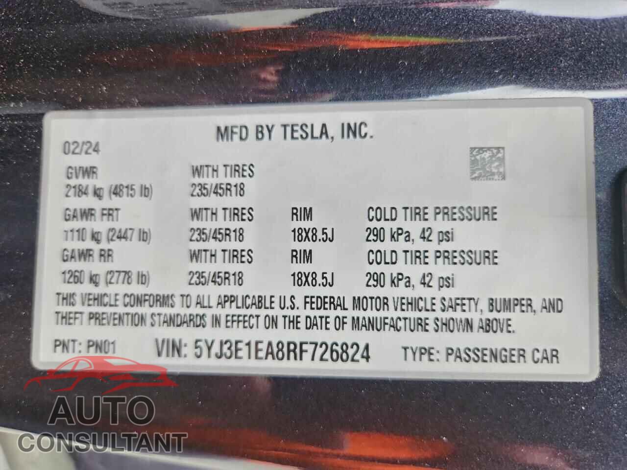 TESLA MODEL 3 2024 - 5YJ3E1EA8RF726824