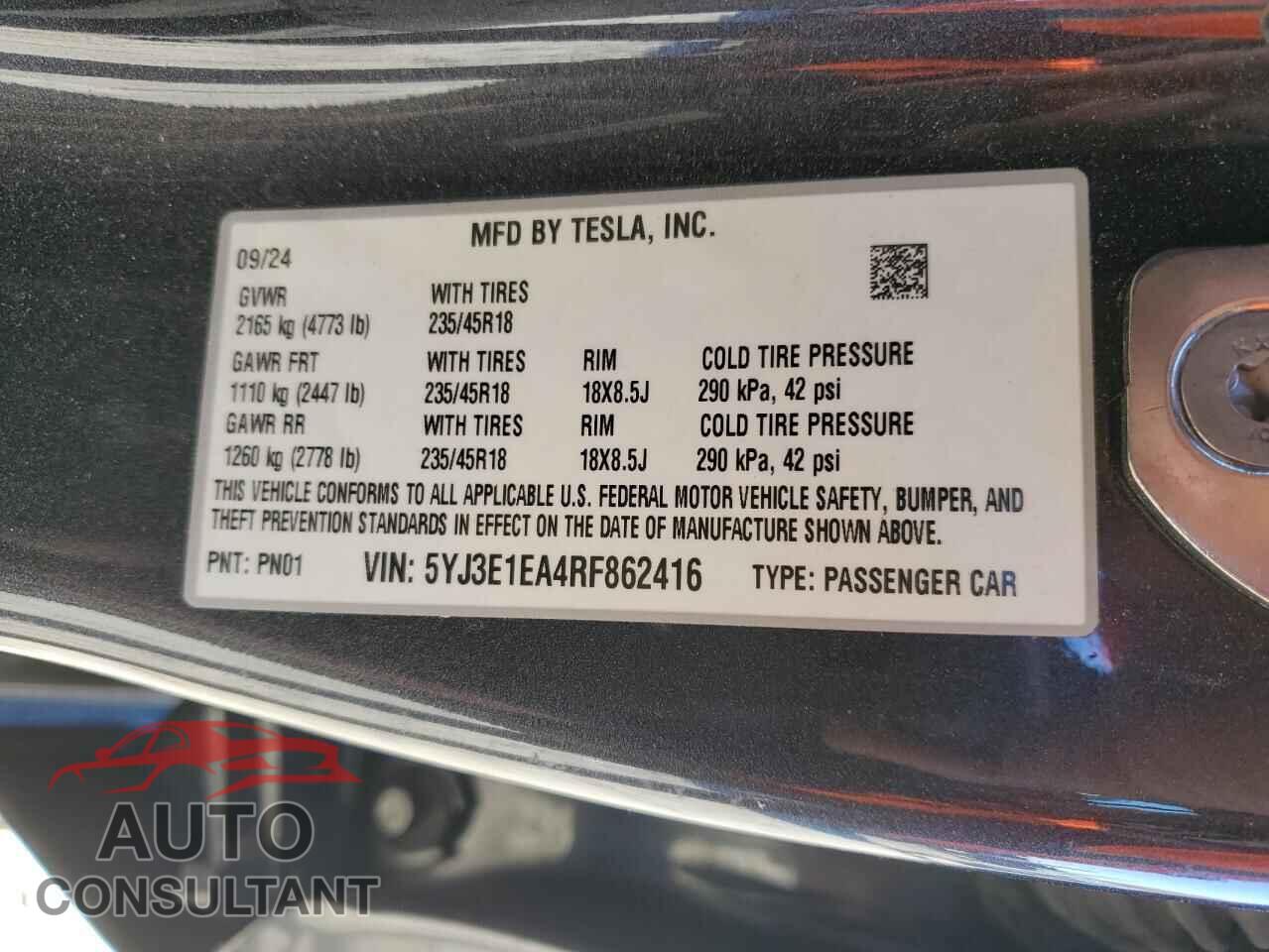 TESLA MODEL 3 2024 - 5YJ3E1EA4RF862416