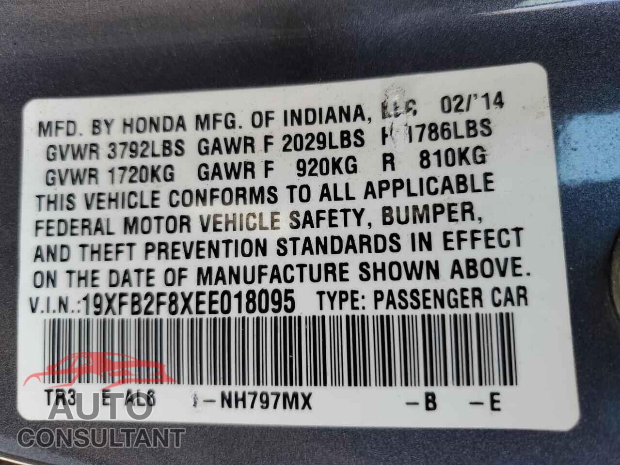 HONDA CIVIC 2014 - 19XFB2F8XEE018095