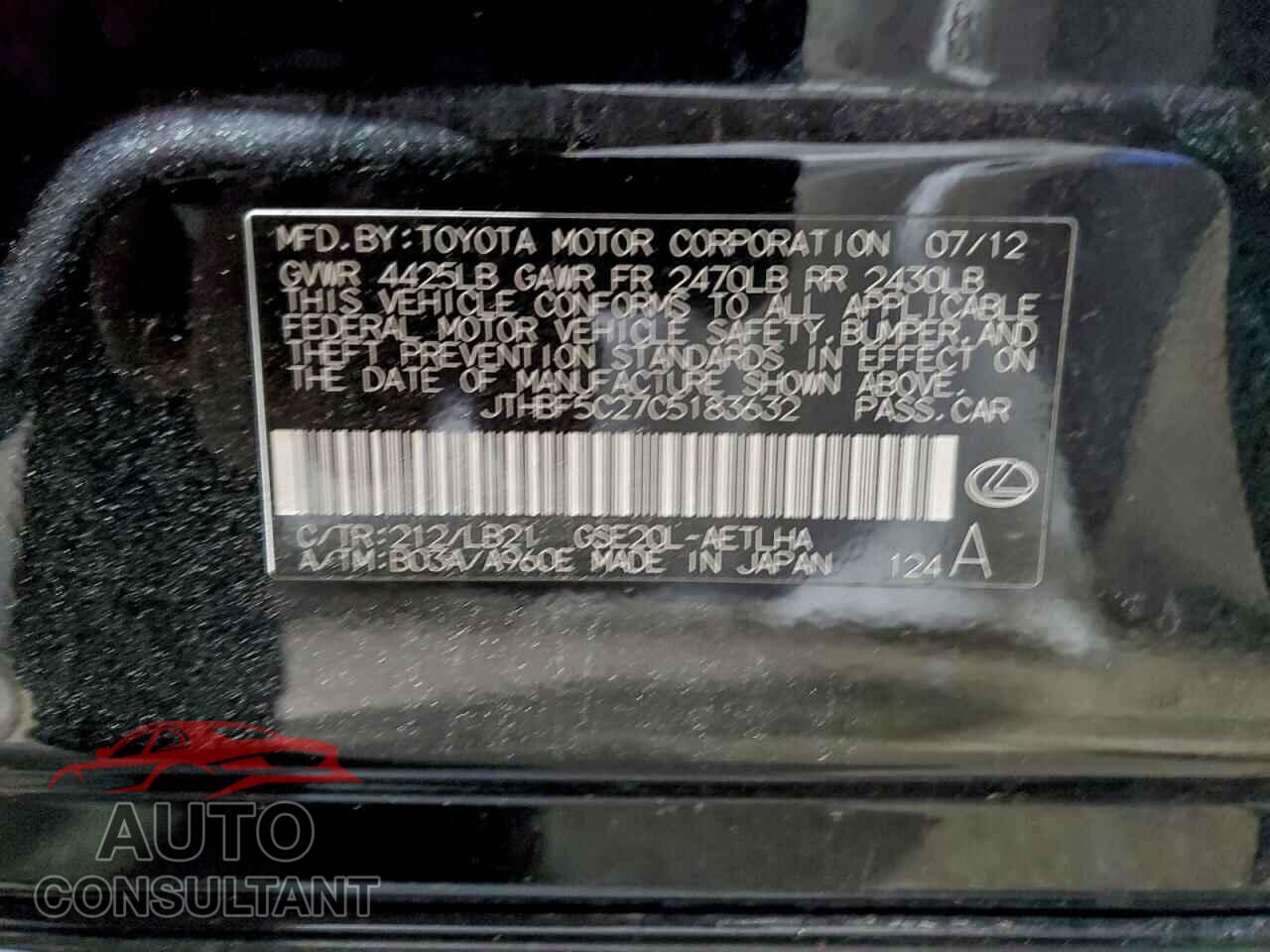 LEXUS IS 2012 - JTHBF5C27C5183632