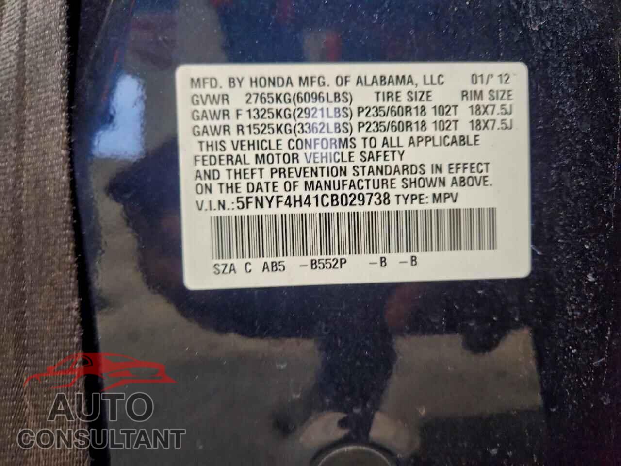 HONDA PILOT 2012 - 5FNYF4H41CB029738
