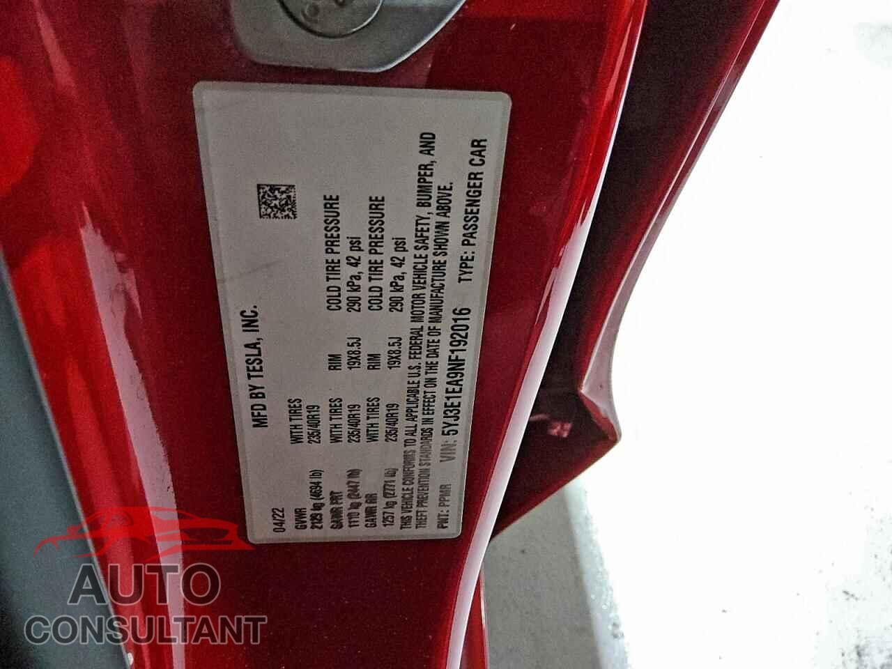TESLA MODEL 3 2022 - 5YJ3E1EA9NF192016