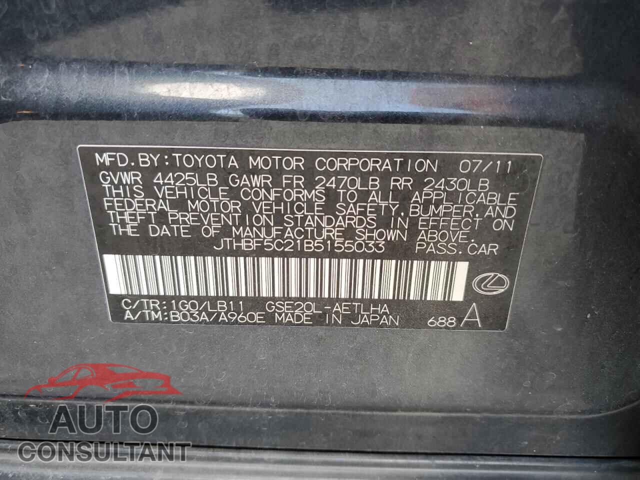 LEXUS IS 2011 - JTHBF5C21B5155033