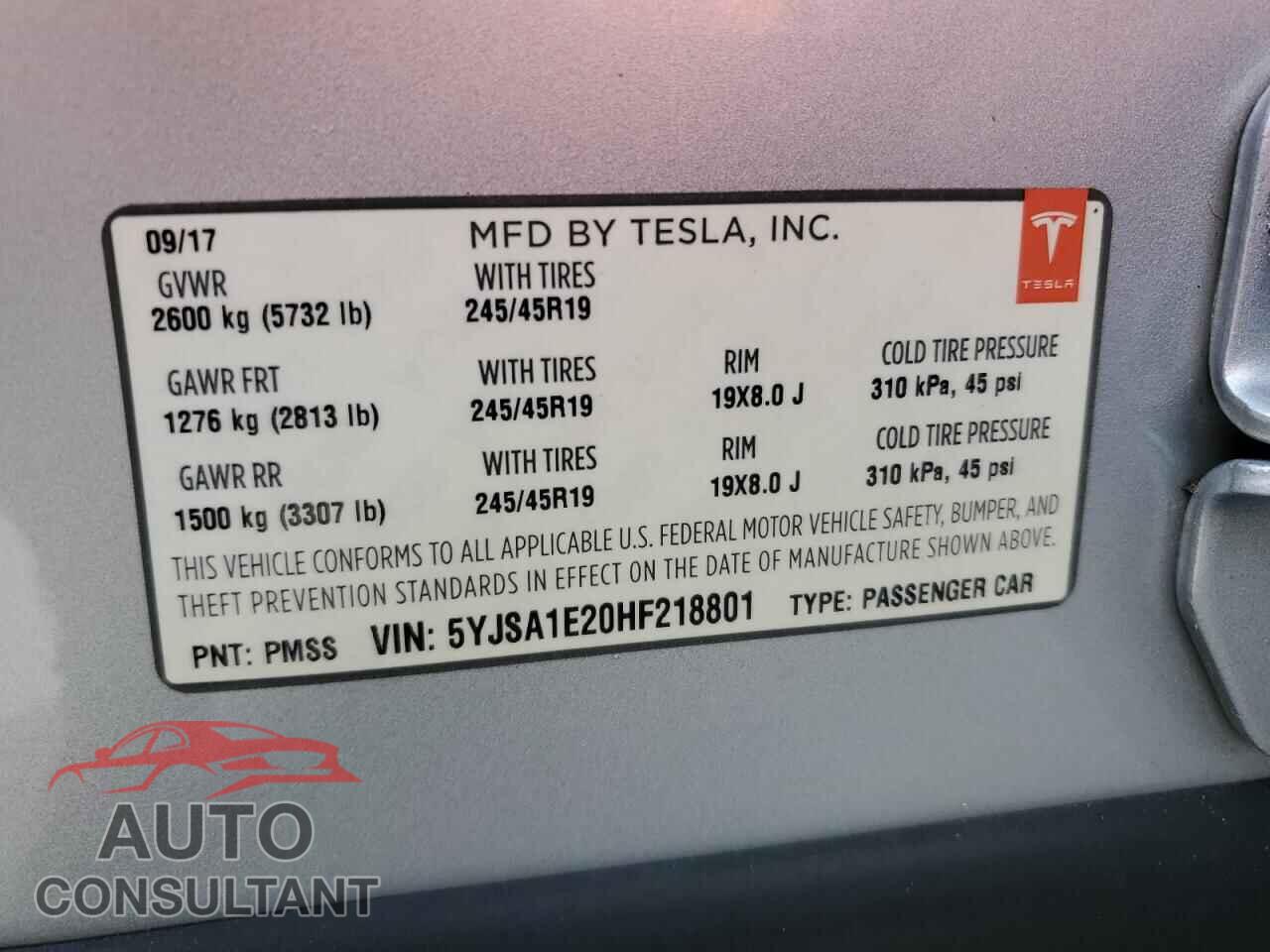 TESLA MODEL S 2017 - 5YJSA1E20HF218801