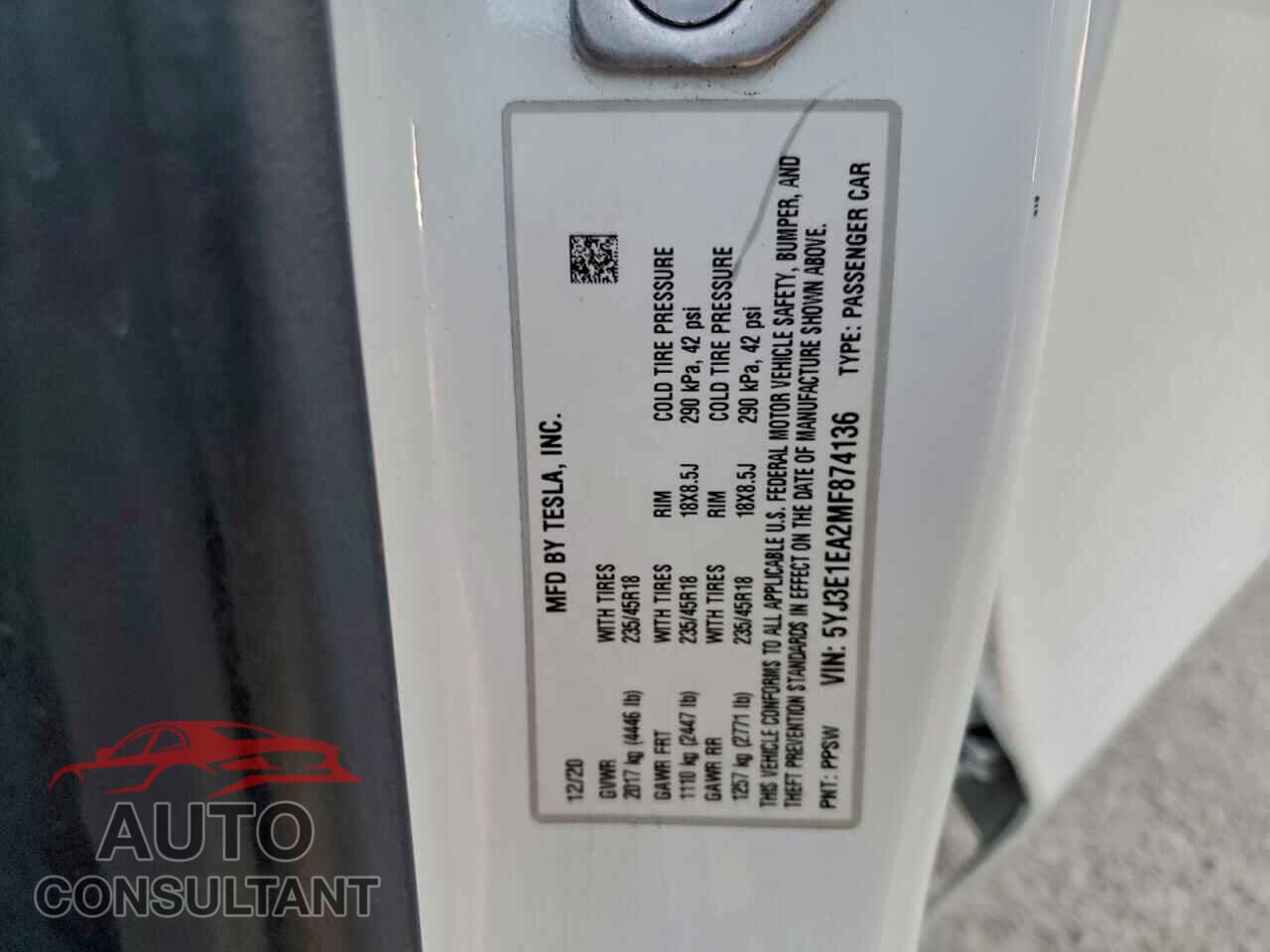 TESLA MODEL 3 2021 - 5YJ3E1EA2MF874136