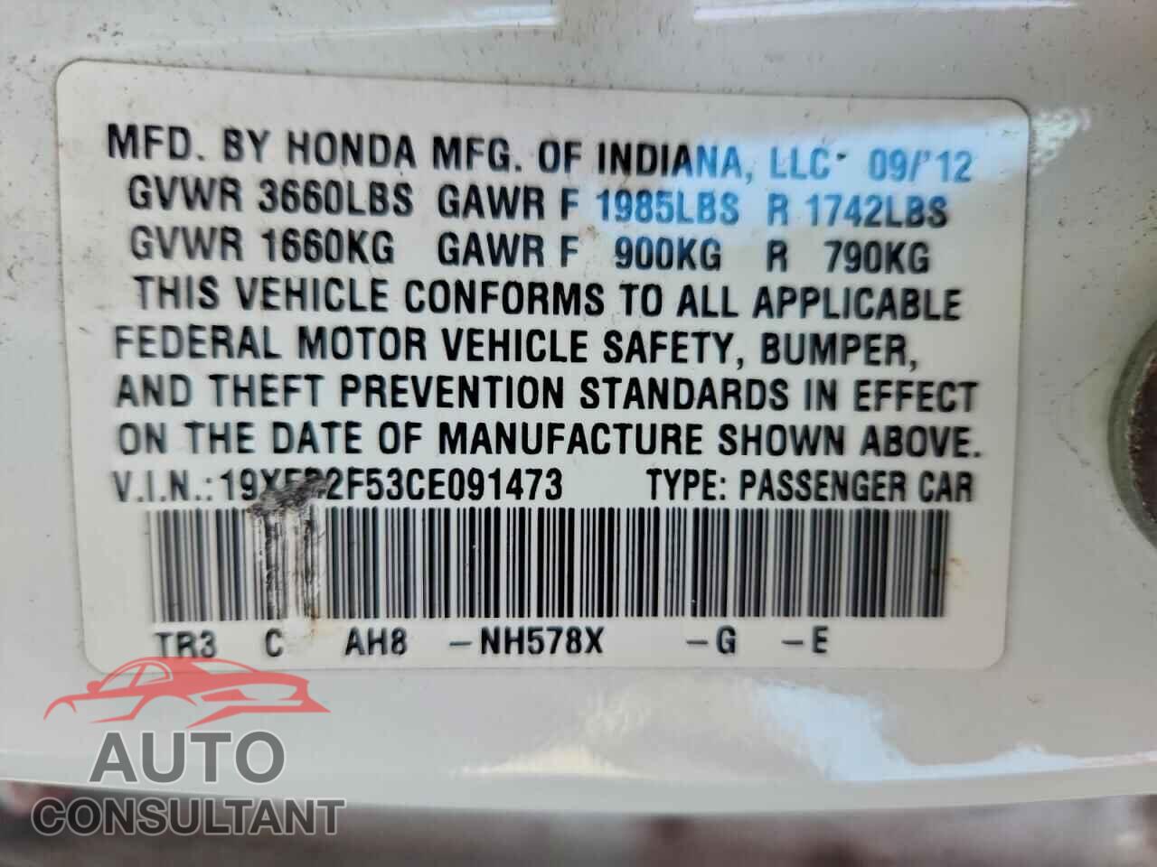 HONDA CIVIC 2012 - 19XFB2F53CE091473