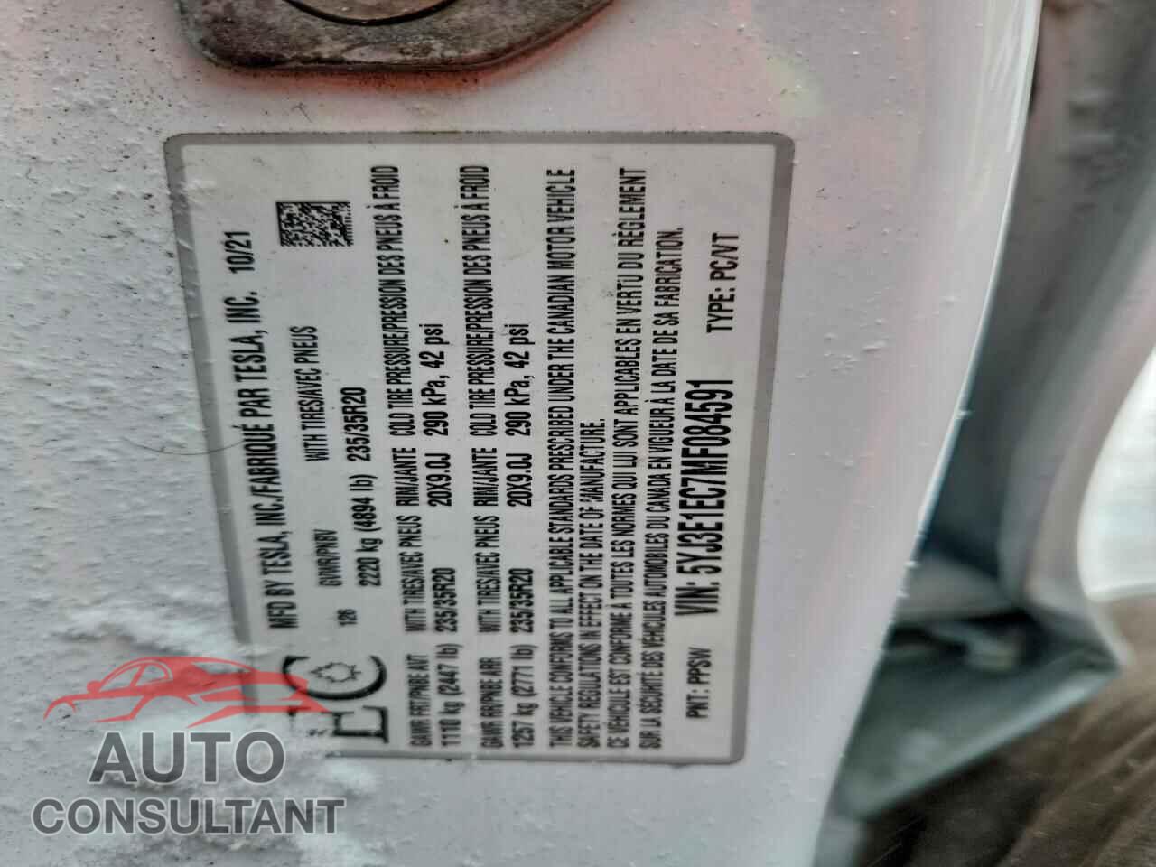 TESLA MODEL 3 2021 - 5YJ3E1EC7MF084591