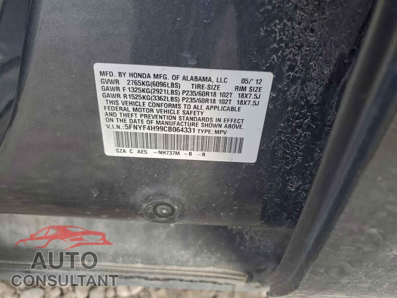 HONDA PILOT 2012 - 5FNYF4H99CB064331