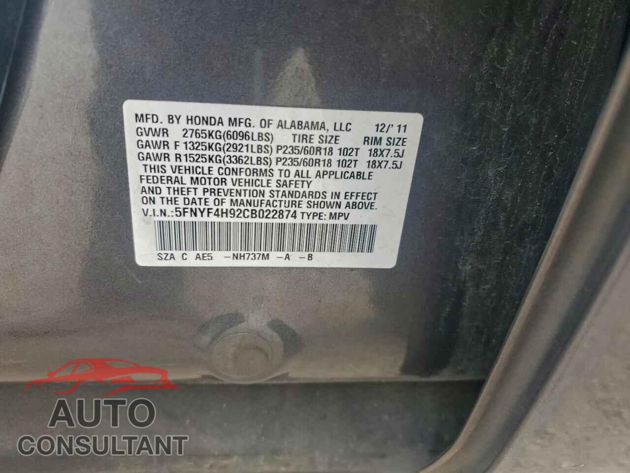 HONDA PILOT 2012 - 5FNYF4H92CB022874