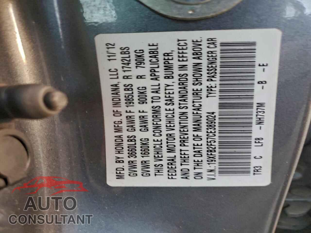 HONDA CIVIC 2012 - 19XFB2F57CE389024