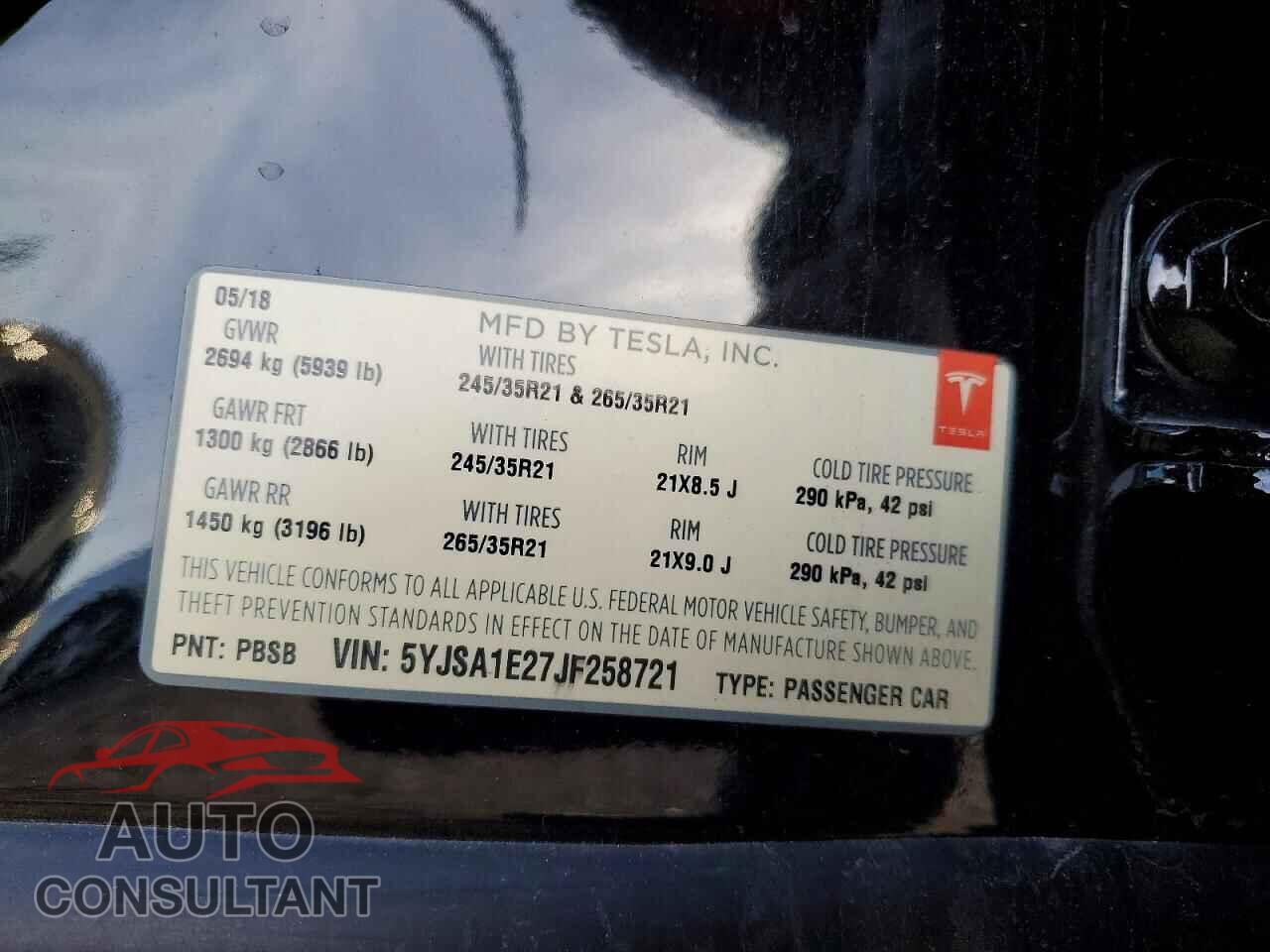 TESLA MODEL S 2018 - 5YJSA1E27JF258721